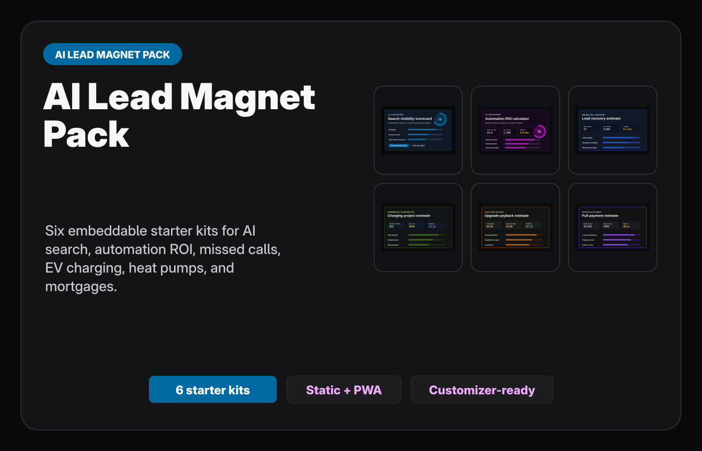 AI Lead Magnet Pack cover showing six embeddable calculator and scorecard starter kits