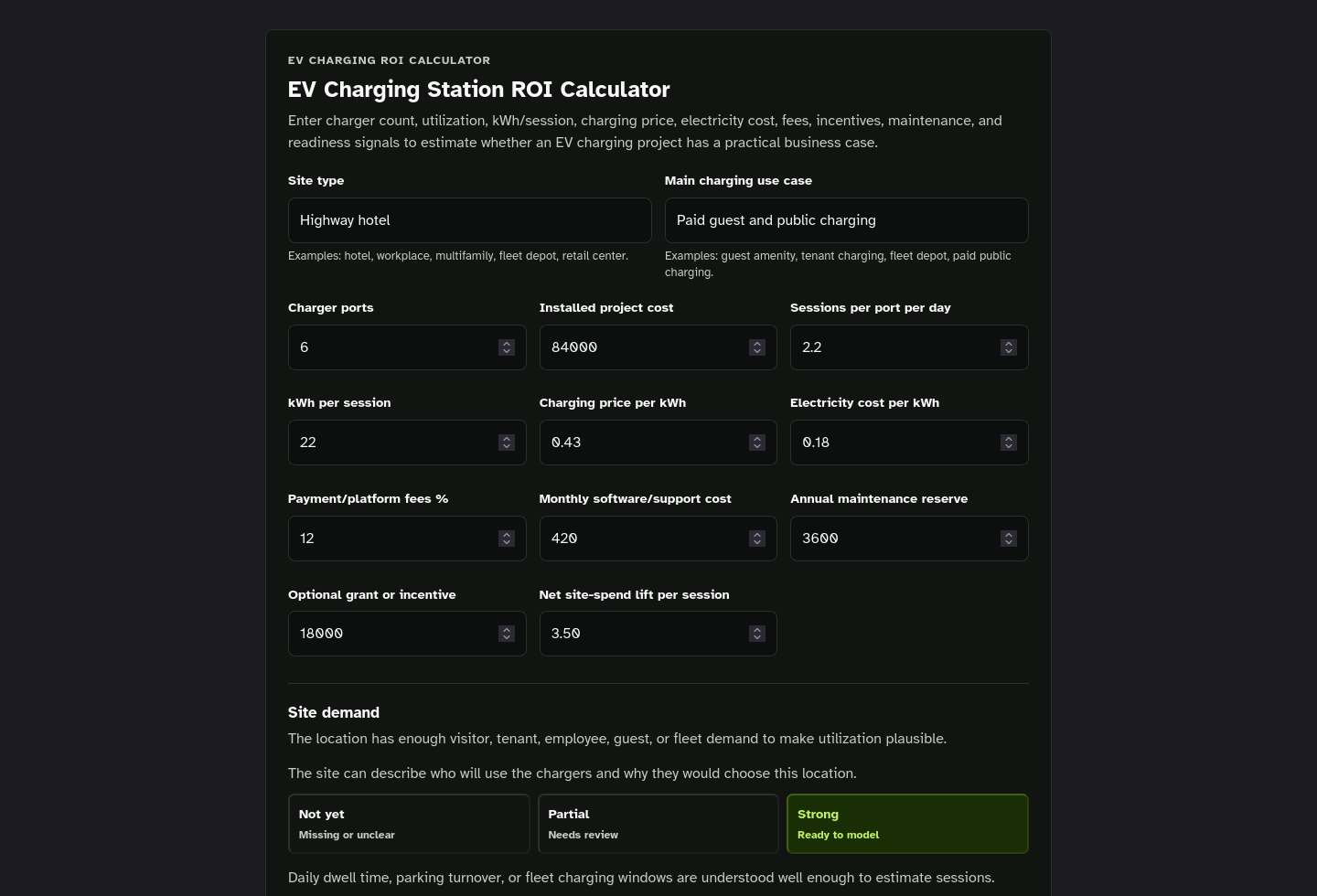 Tool-only embed screenshot of EV Charging ROI Calculator Starter Kit.