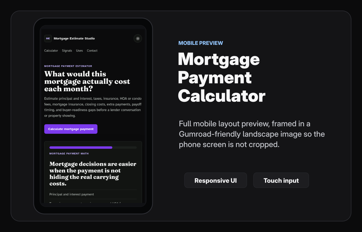 Mobile layout screenshot of Mortgage Payment Calculator Starter Kit.