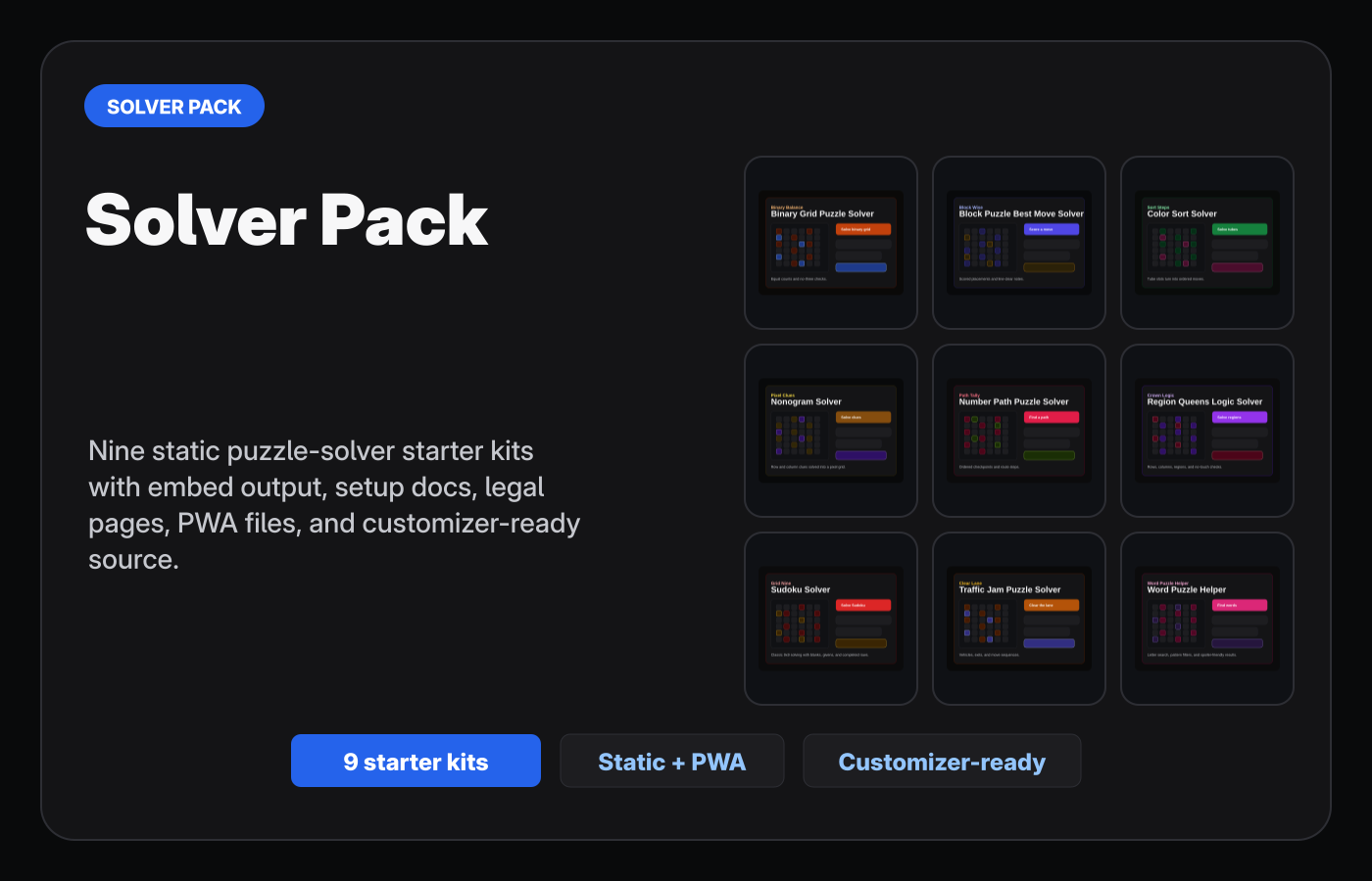 Solver Pack cover showing nine embeddable puzzle solver starter kits